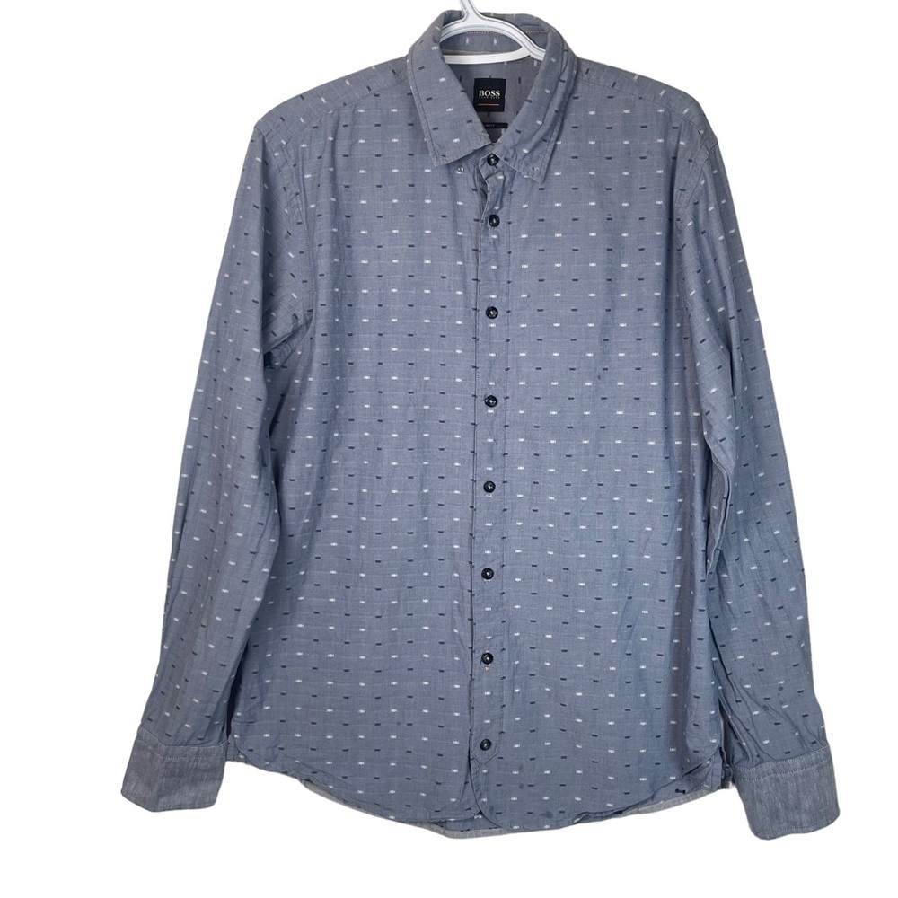 Hugo Boss Slim Fit Blue Denim Casual Button Down Dress Shirt Size Large